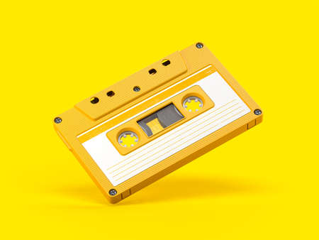 Yellow vintage audio cassette on yellow background. 3d illustrationの写真素材