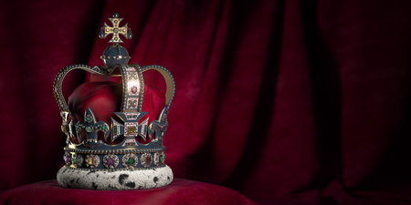Royal golden crown with jewels on pillow on pink red background. Symbols of UK United Kingdom monarchy. 3d illustrationの写真素材