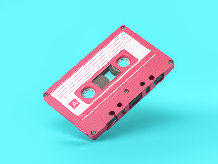 Pink vintage audio cassette on blue background. 3d illustrationの写真素材