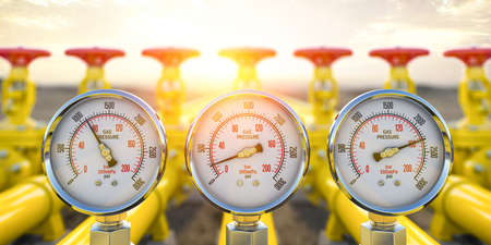 Gas pression gauge meters on gas pipeline. Gas extraction, production, delivery and supply concept. 3d illustrationの写真素材