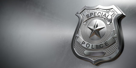 Police metal badge on metal background. Sign and symbol of police. 3d illustration