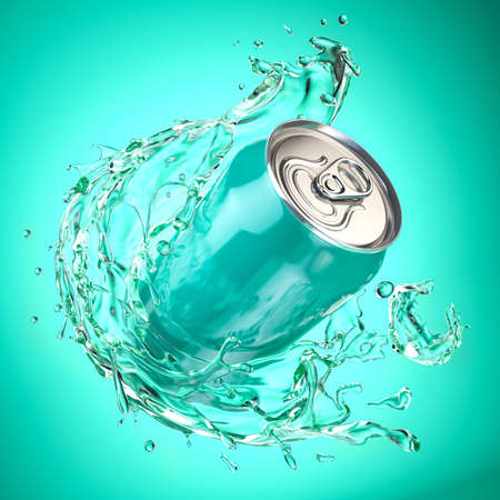 Cyan aquamarine aluminum can with transparent splash on cyan background. Gin or water. 3d illustrationの写真素材