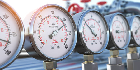 Row of gas pression gauge meters on gas pipeline. Gas extraction, production, delivery and supply...
