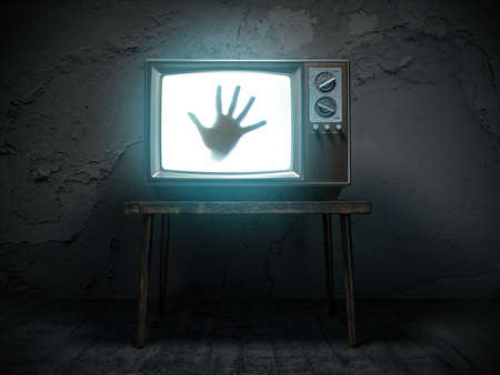 Horror scary movie concept. Hand of ghost on screen of vintage tv in haunted house. 3d illustrationの写真素材