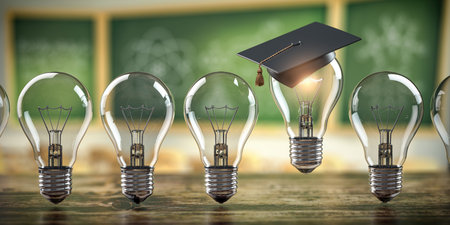 Glowing light bulb with graduation cap in row of other light bulbs on classroom blackboard...