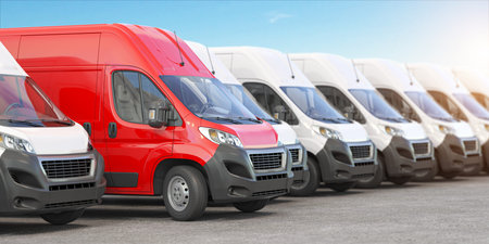 Red delivery van in a row of white vans. Best express delivery and shipemt service concept. 3d...