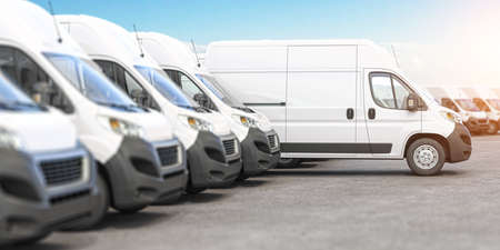 Delivery vans in a row with space for logo or text. Express delivery and shipment service concept. 3d illustrationの写真素材