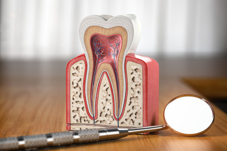 Tooth model cross section with dental mirror tool on wooden table. Close up. Dental treatment and hygiene concept. 3d illustrationの写真素材
