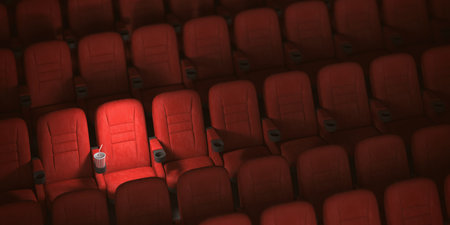 Cinema movie theater concept background. Red cinema seats and cola in empty theater. 3d illustration