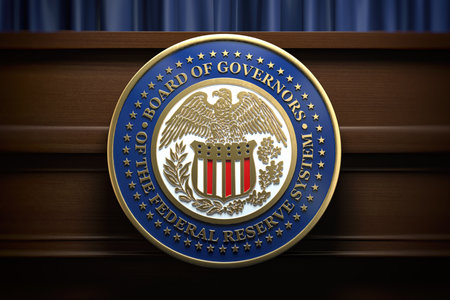 Federal Reserve System Fed sign and symbol on tribune in press conference hall. 3d illustrationの写真素材