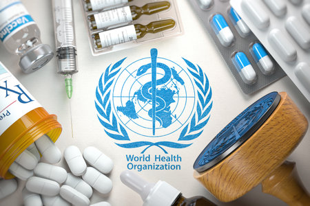 World Health Organization WHO rubber stamp with meds and tablets. 3d illustrationの写真素材