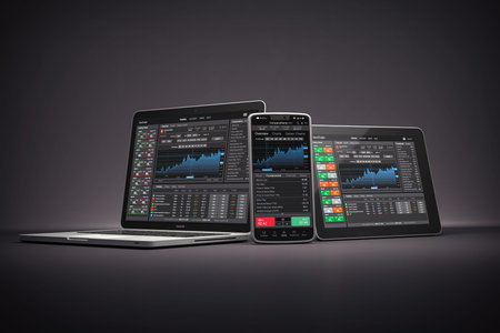 Laptop, smartphone ant tablet pc with stock trader application, graphs and diagrams on screen on...
