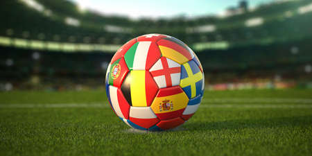 Soccer Football ball with flags of european countries on the grass of football stadium. Euro championship 2021.の写真素材