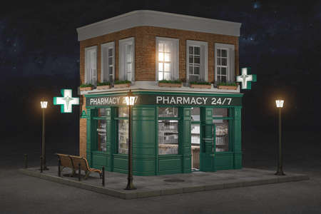 Pharmacy exterior open 24 7 day of week at night. 3d illustrationの写真素材