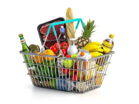 Shopping basket full of variety of grocery products, food and drinkの写真素材
