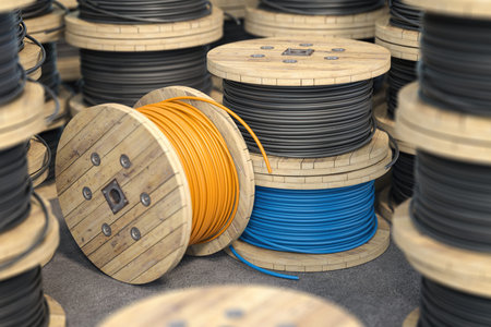 Wire electric cable on wooden coil or spool isolated on warehouse.の写真素材