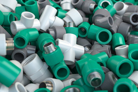 Various fittings of pvc plastic pipes and tubes in heap.