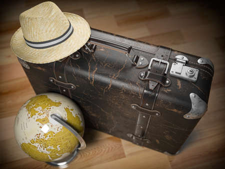 Tourism and travel concept. Globe and vintage suitcase with summer hat. 3d illustrationの写真素材