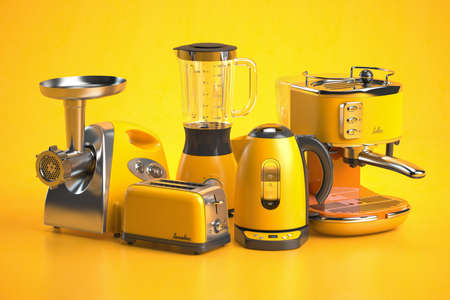 Yellow kitchen appliances on yellow background. Set of home kitchen technics. 3d illustrationの写真素材