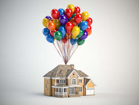 House with balloons bunch on white background. Real estate purchasing, moving house, housewarming and gift concept. 3d illustrationの写真素材