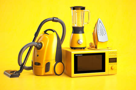 Yellow household appliances on yellow background. Set of home technics. 3d illustrationの写真素材