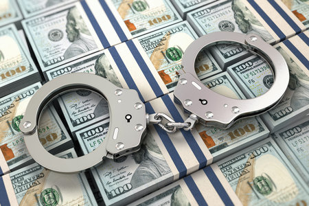 Handcuffs on dollar packs. Illegal money, corruption and bribe concept. 3d illustration