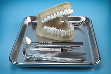 Dentist tools for dental care and human brace model. 3d illustration