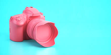 Pink DSLR photo camera on cyan background. 3d illustrationの写真素材