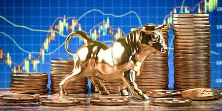 Financial investment in bull market. Golden bull and coins on stock market data. 3d illustrationの写真素材