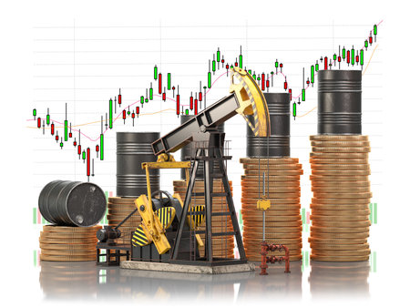Oil barrels on stacks of golden coins and oil pump jack with market price chart. Growth of oil stock prices and extraction of oil concept. 3d illustrationの写真素材