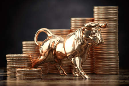 Golden bull and coins. Financial investment in bull market and growth of stock market concept. 3d illustrationの写真素材