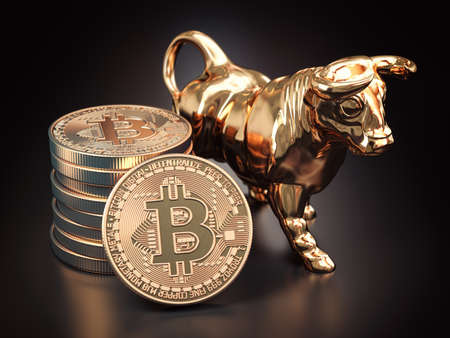 Bitcoin coin with bull on black background. Bullish market of BTC. 3d illustrationの写真素材