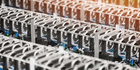 Bitcoin and others cryptocurrencies mining farm. GPU graphic cards rig for cryptocurrency mining. 3d...