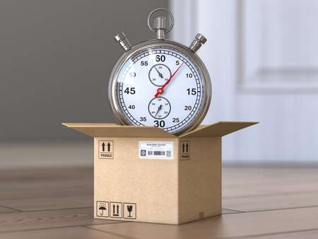 Express delivery concept. Stopwatch and cardboard box on the floor in front of open door. 3d illustrationの写真素材