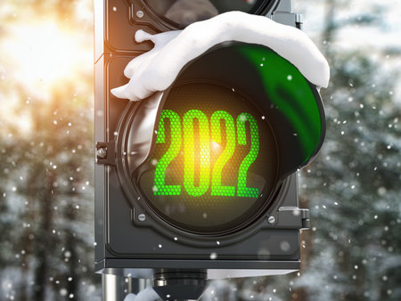 Happy new year 2022. Traffic light with green light 2022 in snowy park. 3d illustrationの写真素材