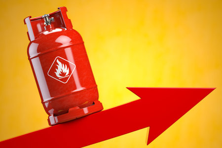 Gas bottle on rising arrow. Growth of price of LPG propane gas concept. 3d illustrationの写真素材