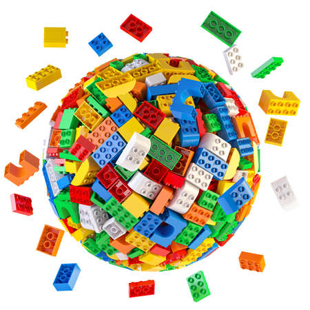 Sphere from colored toy bricks and blocks isolated on white. 3d illustrationの写真素材