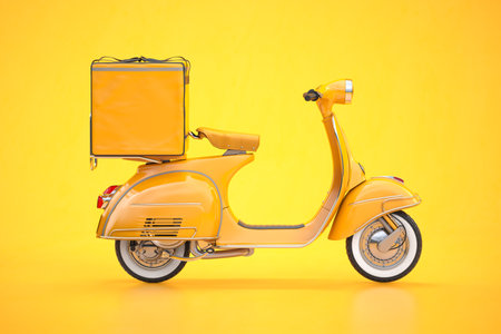 Scooter express delivery service. Yellow motor bike with delivery bag on yellow background. 3d illustrationの写真素材