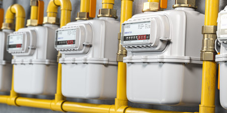 Natural gas meters iin a row. Household energy consumption. 3d illustration