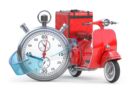 Express food delivery. Scooter with food bag and stopwatch. 3d illustration
