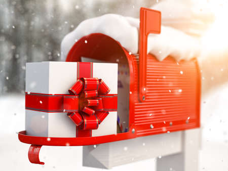 Mailbox and gift of Santa Claus with bow and ribbons. Gift for Christmas. 3d illustrationの写真素材