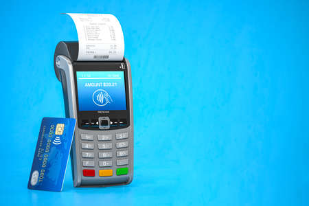 POS point of sale terminal for credit card payment on blue background. 3d illustrationの写真素材