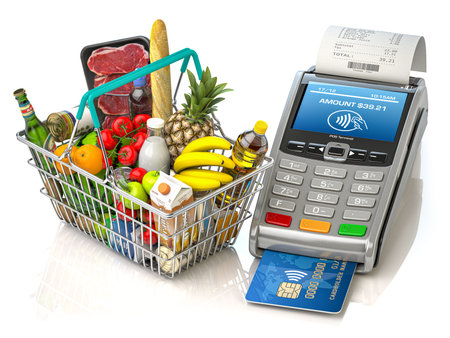 Buying food and drink. Shopping basket with food and POS terminal isolated on white. 3d illustration