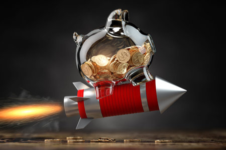 Piggy bank on a flying rocket. Financial, investing, savings and wealth management solution concept. 3d illustrationの写真素材