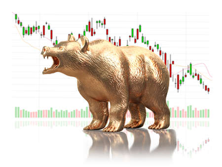 Golden bear stock market data. bearish market on financial stock exchange market. 3d illustrationの写真素材