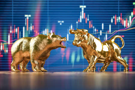 Golden bull and bear on stock data chart background. Investing, stock exchange financial bearish and mullish market concept. 3d illustrationの写真素材