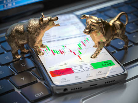 Golden bull and bear as symbols of stock market on a smartphone with stock market data application on the screen. 3d illustrationの写真素材