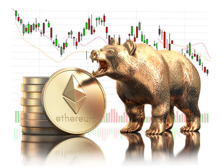 Ethereum bearish market, crash and drop. Etehereum coin with bear and stock chart. 3d illustrationの写真素材