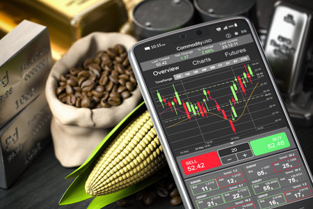 Smartphone and commodities. Stock exchange market trading platform on the screen of mobile phone. 3d...