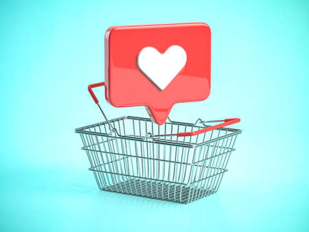 Shopping basket with like symbol. Buy social network followers likes for a money. 3d illustrationの写真素材